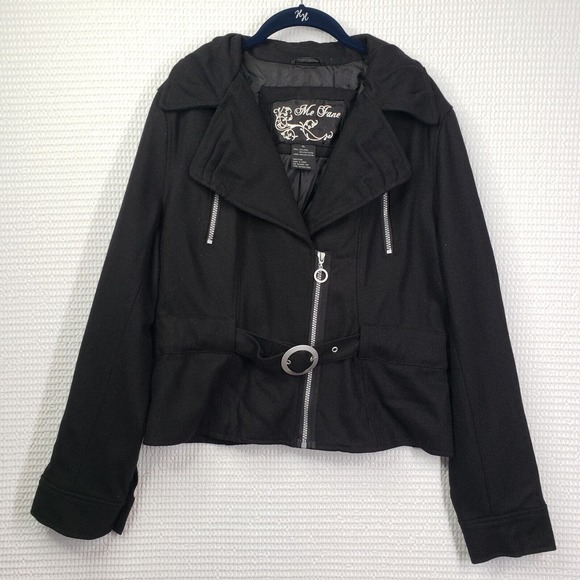 Vintage Jackets & Blazers - Y2k Cropped Wool Moto Jacket Me Jane XL Black Preppy Goth Emo Belted Wide Collar